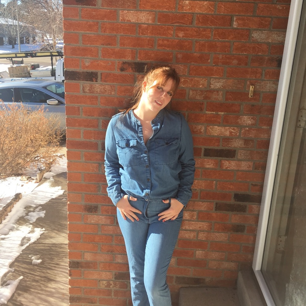 Long sleeve button up blue cotton jumpsuit